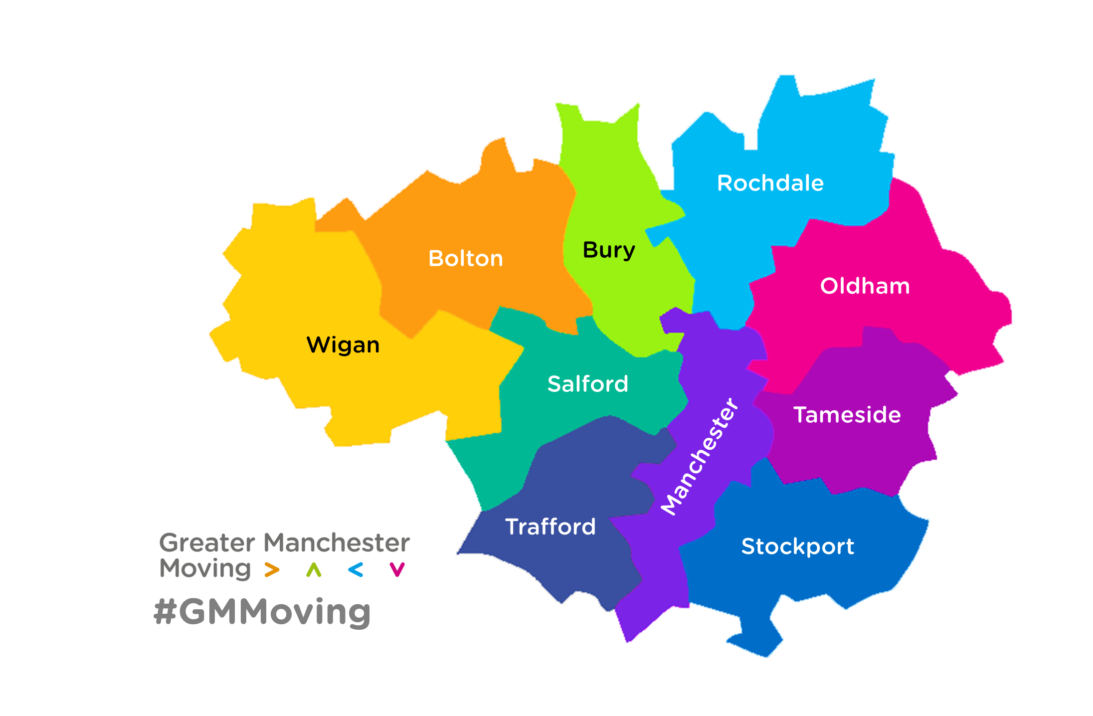 Greater Manchester localities mapped out (Wigan, Bolton, Bury, Rochdale, Oldham, Tameside, Stockport, Manchester, Trafford and Salford.)