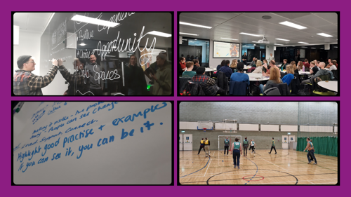 Four pictures of people in a workshop and playing netball